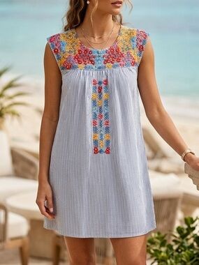 Savanna Jane Blue White Striped Floral Embroidered Boho Mini Dress Small 94491-S